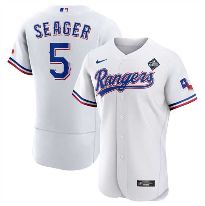 Mens Texas Rangers #5 Corey Seager White 2023 World Series Flex Base Stitched Baseball Jersey Dzhi